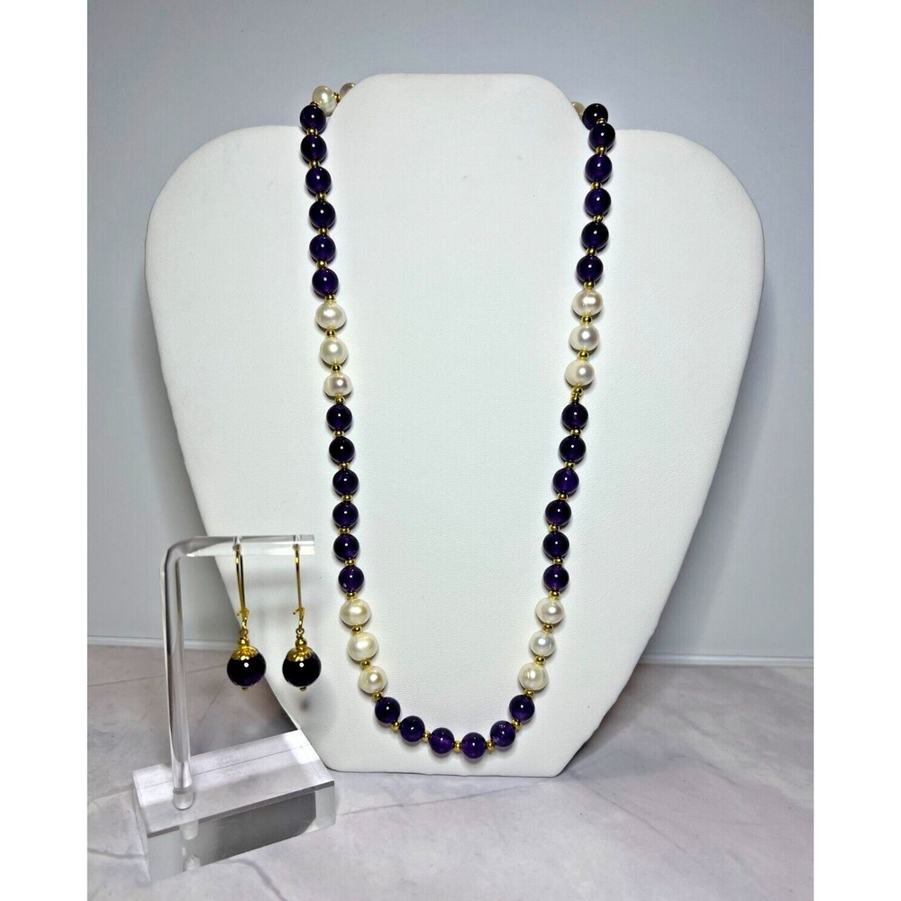 Amethyst/Natural Freshwater Pearls Necklace & Earring Set, (0108)